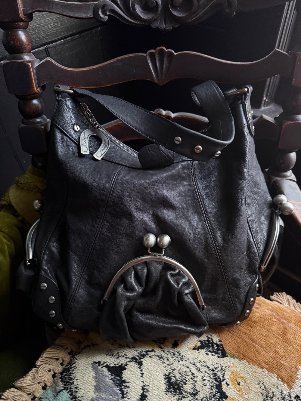 Y2K Betsey Johnson Black Leather Shoulder Bag with kisslock Hardware